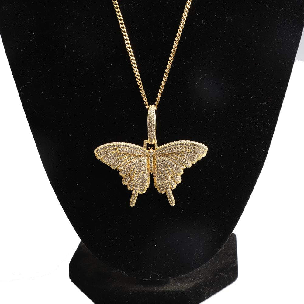 Silver Plated CZ Iced Out Bling Butterfly Chain Necklace Party Jewelry for Men Women